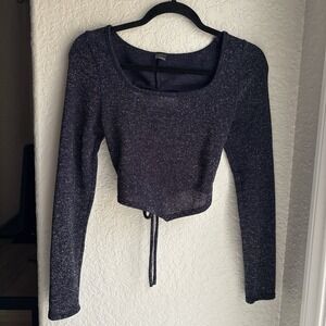 I JOAH Girls Metallic Navy Blue Sparkle Handkerchief‎ Tie-Back Glitter Crop Top